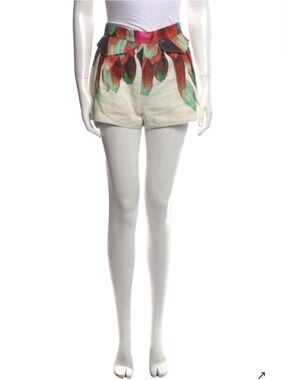 Longchamp Cream High-Waist Shorts with Green and Pink Feather Motif